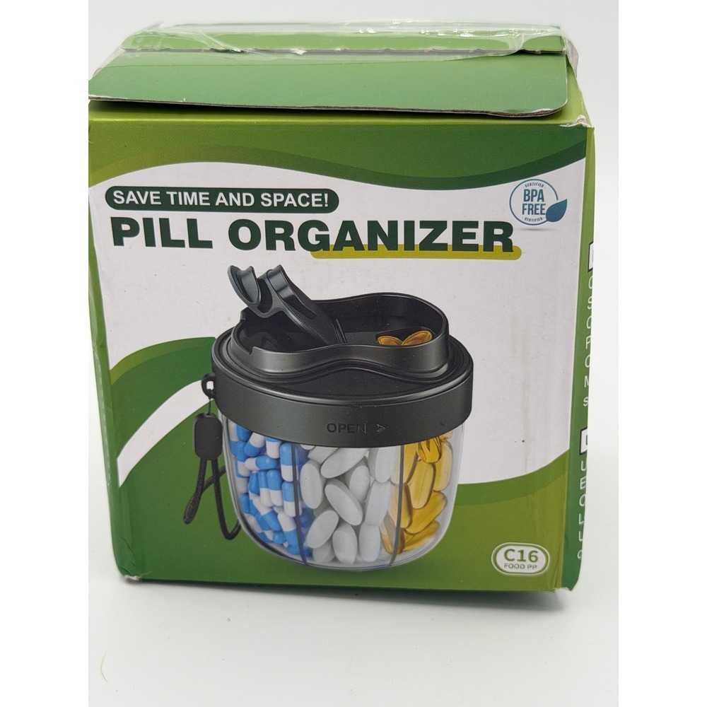 Pill Organizer 3 Compartment Rotating Vitamin Case BPA Free Black Clear C16